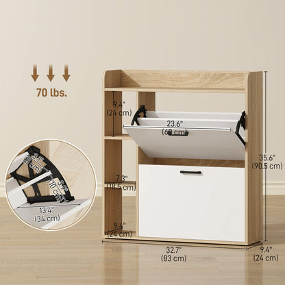Shoe Cabinet with 2 Flip Drawers, 3 Side Compartments, Adjustable Shelves, 8-12 Pairs for Entryway Hallway, Natural