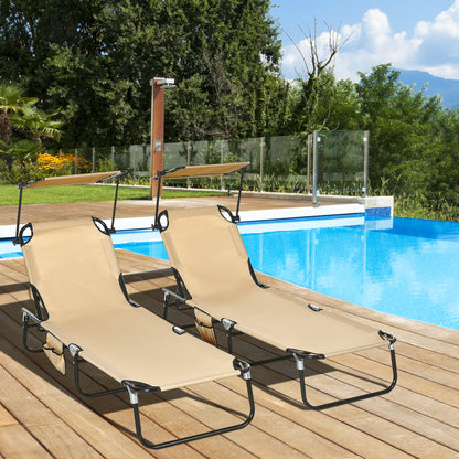 2 Piece Folding Outdoor Chaise Lounges, Pool, Sun, Tanning Chairs with Reclining Back, Sunshade for Beach, Patio, Tan