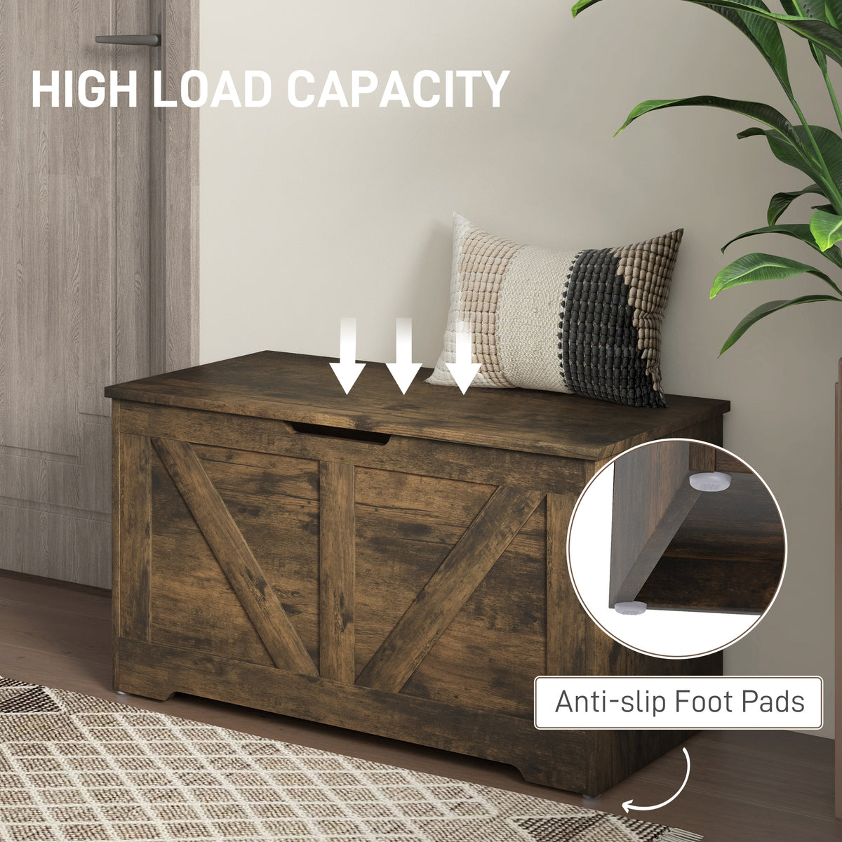 31.5 Inches Storage Chest, Storage Trunk with 2 Safety Hinges for Living Room, Brown Wood Grain