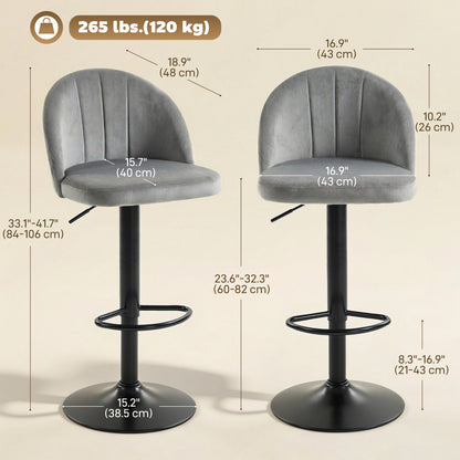 Bar Stools Set of 2, Swivel Counter Height Barstools with Footrest, Grey