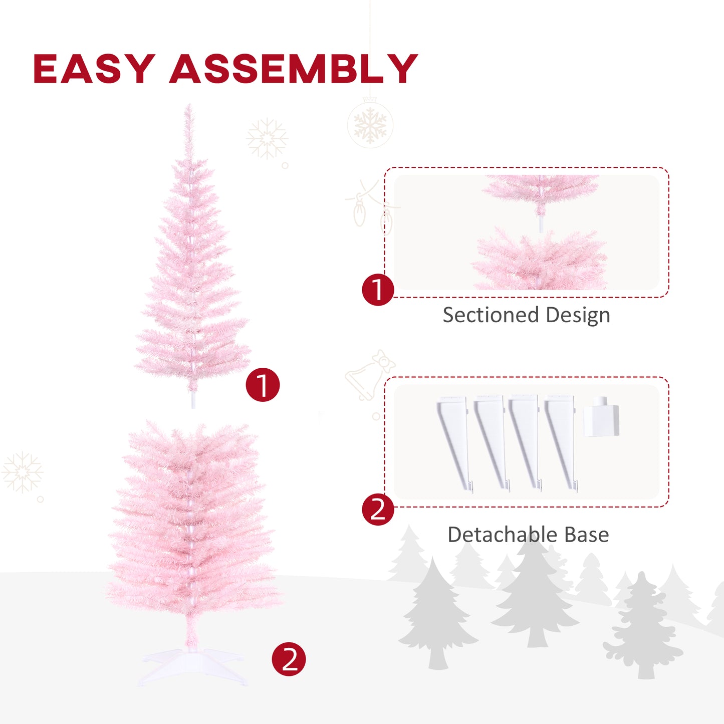 5FT Artificial Christmas Tree, Pencil Christmas Tree with Realistic Branches, Stable Stand, Pink