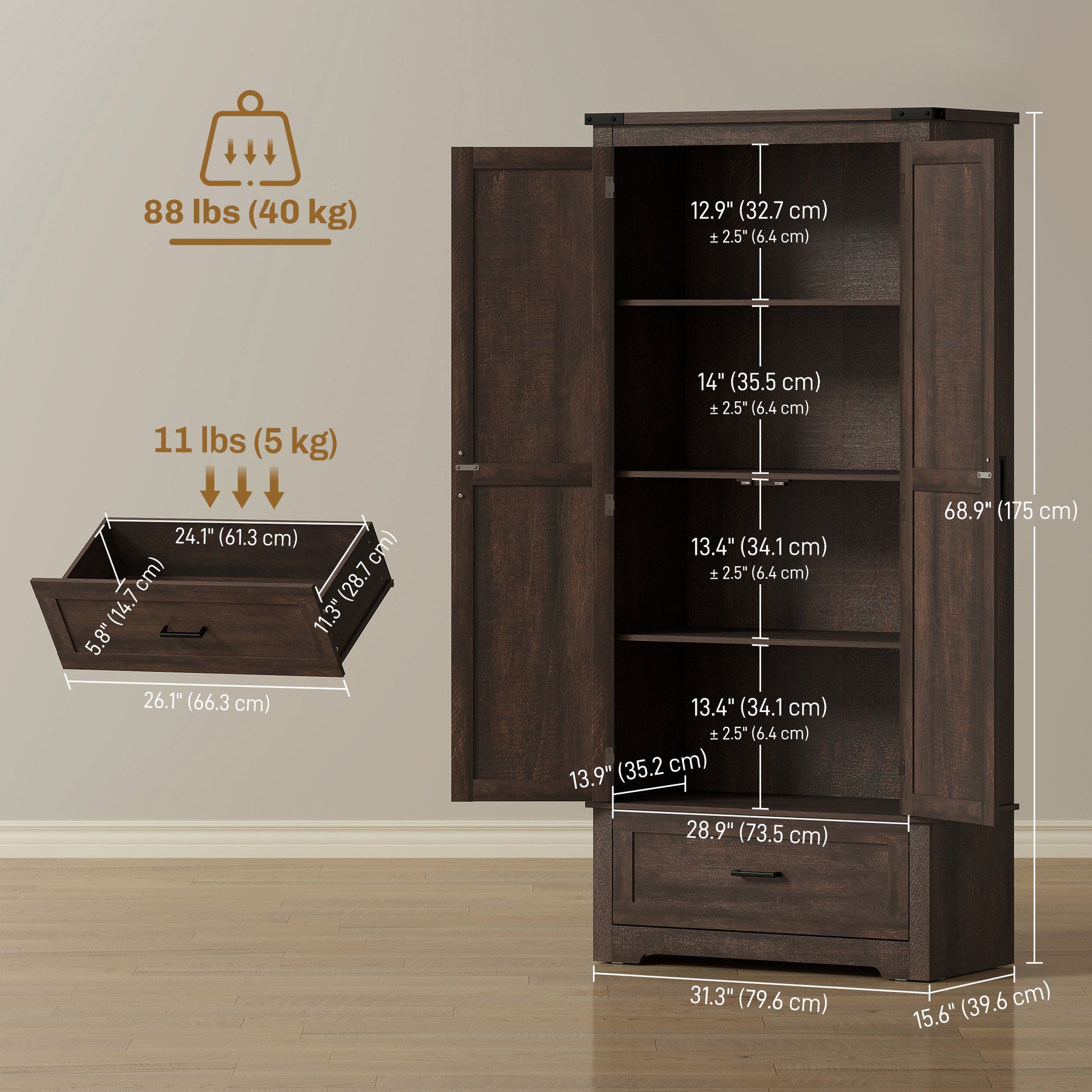 69" Tall Farmhouse Kitchen Pantry Cabinet with 2 Doors, Drawer and Adjustable Shelves, Dark Brown