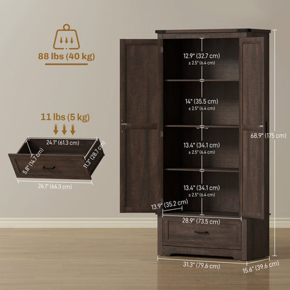 69" Tall Farmhouse Kitchen Pantry Cabinet with 2 Doors, Drawer and Adjustable Shelves, Dark Brown