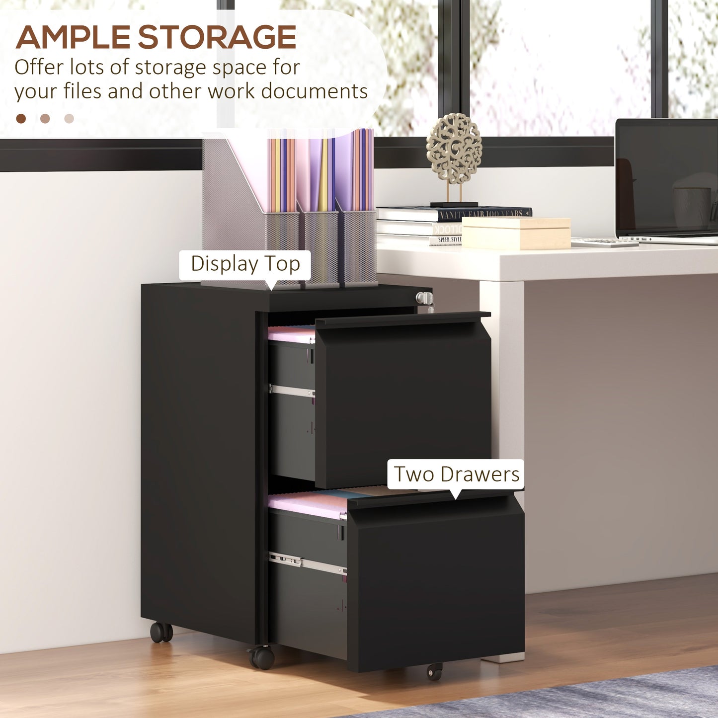 Mobile Vertical Filing Cabinet with Lock, 2-Drawer Steel File Cabinet with Adjustable Hanging Bar for Letter, A4 and Leg