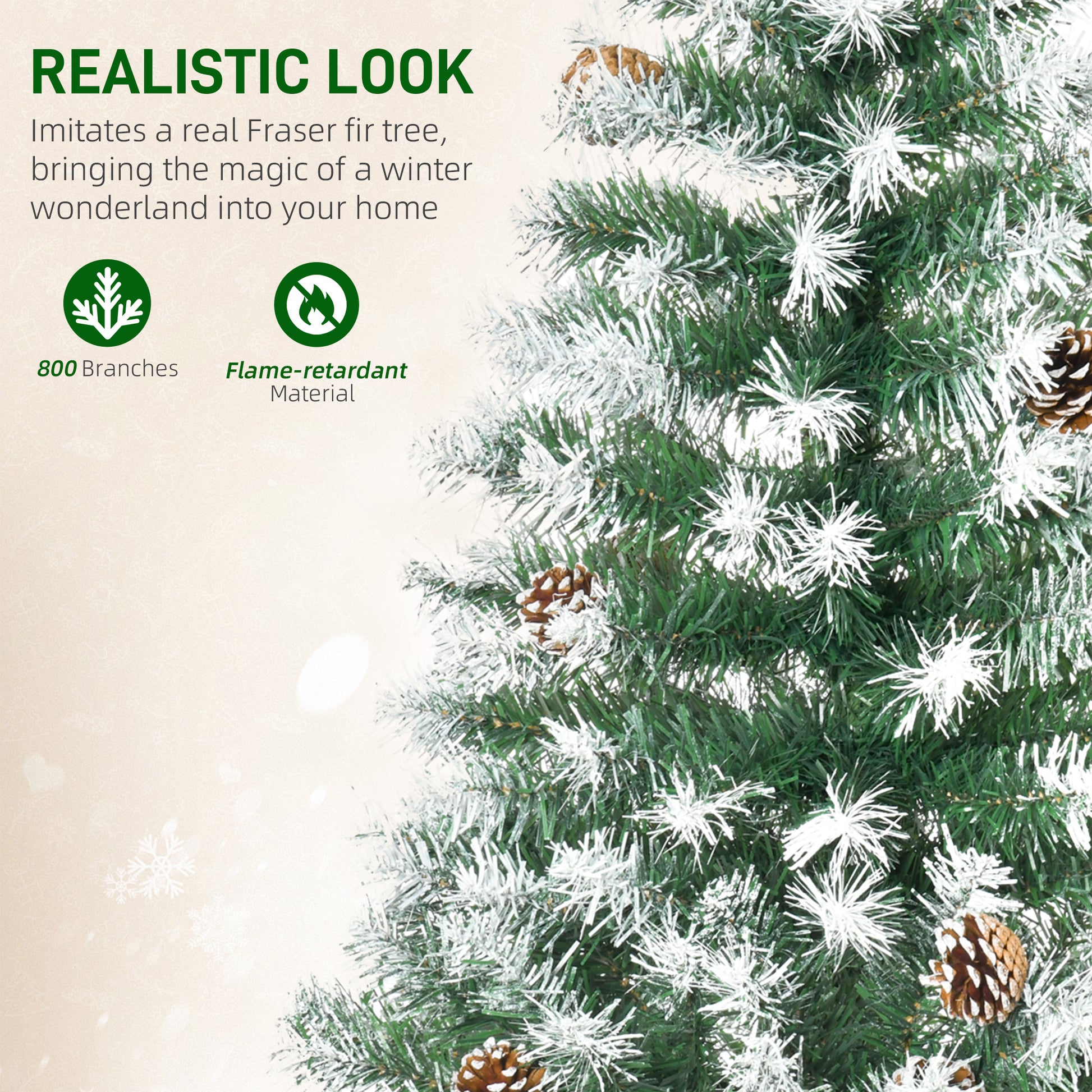 6ft Snow Flocked Artificial Christmas Tree, Unlit Full Fir Tree with Automatic Open, 800 Realistic Branches and 61 Pine 