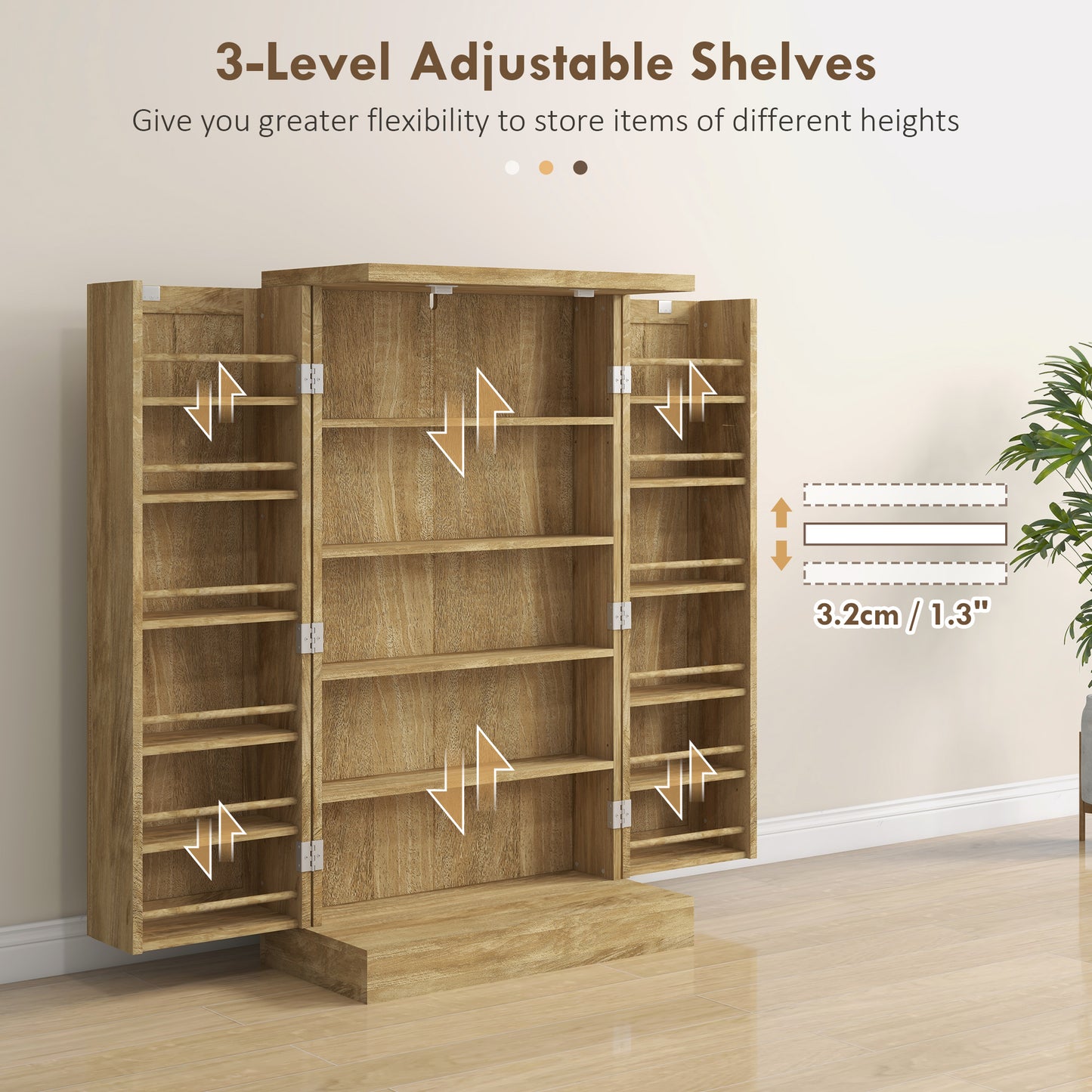 41" Rattan Kitchen Storage Cabinet, Food Pantry Cabinet with 5-Tier Shelf 12 Spice Racks Adjustable Shelves Natural