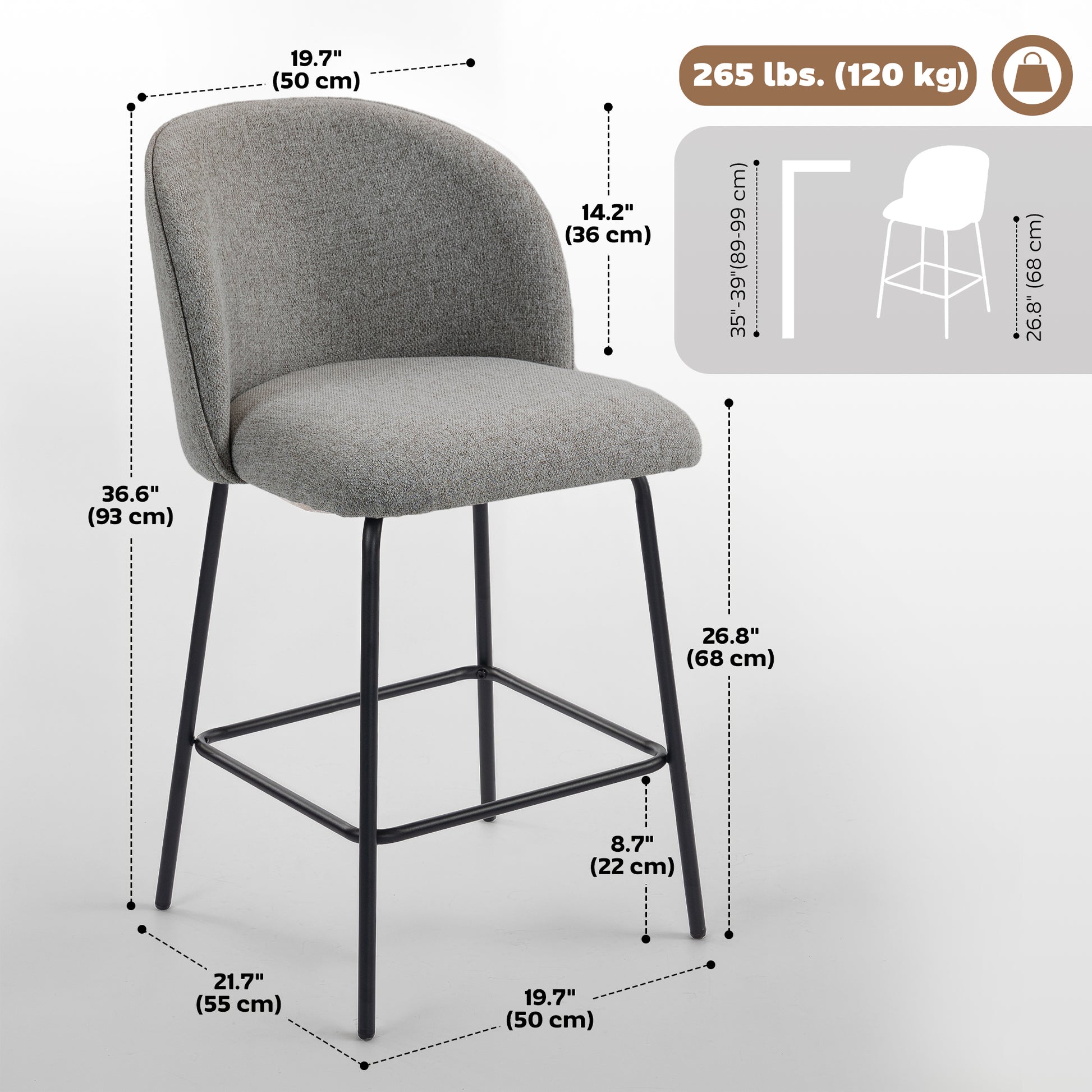 Set of 2 Counter Height Barstools, Upholstered Linen Bar Stools with Backrest, Footrest and Steel Legs, Dark Grey