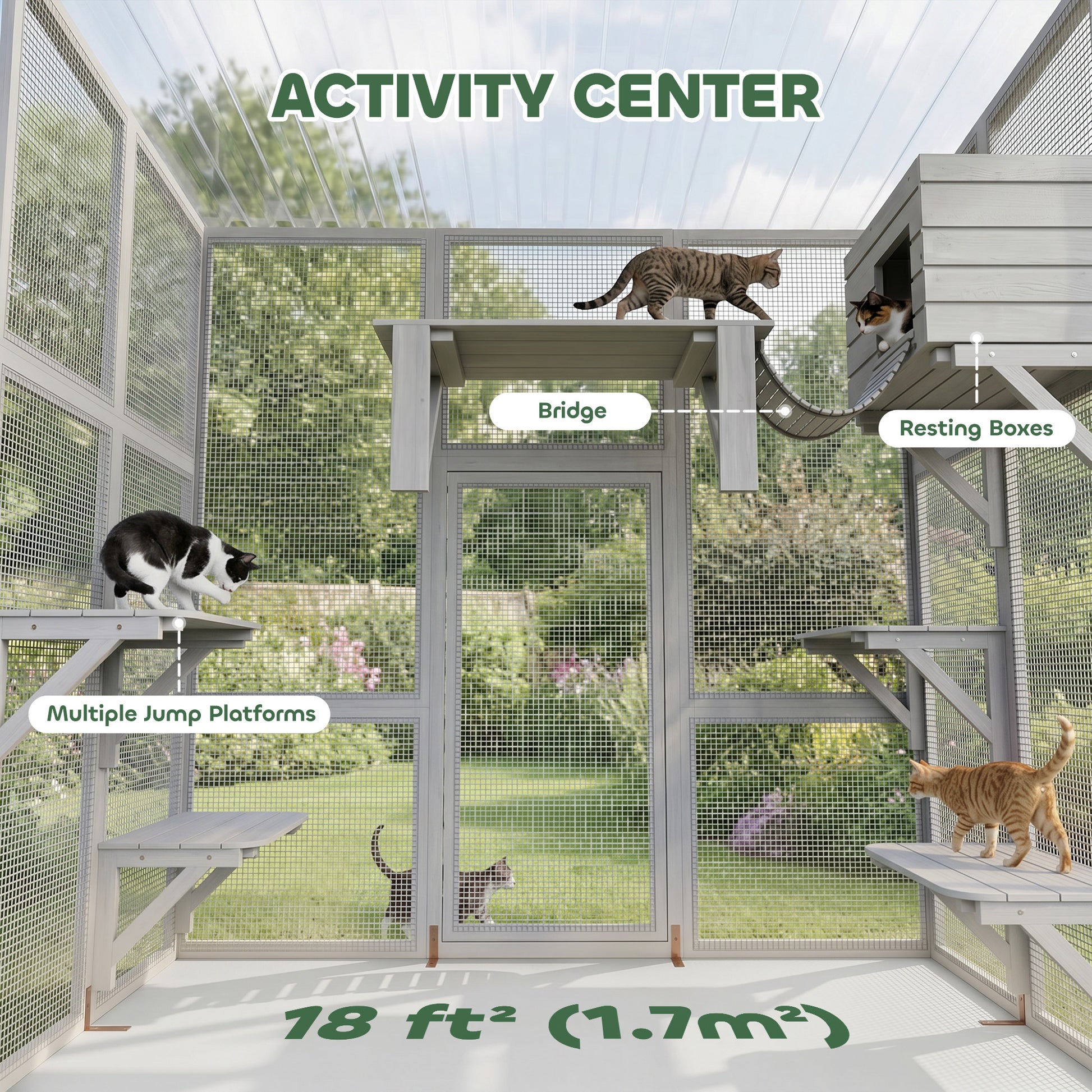 Large Outdoor Catio with Weatherproof Roof, Bridge, Resting Box, Platforms, White