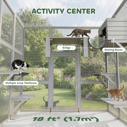 Large Outdoor Catio with Weatherproof Roof, Bridge, Resting Box, Platforms, White