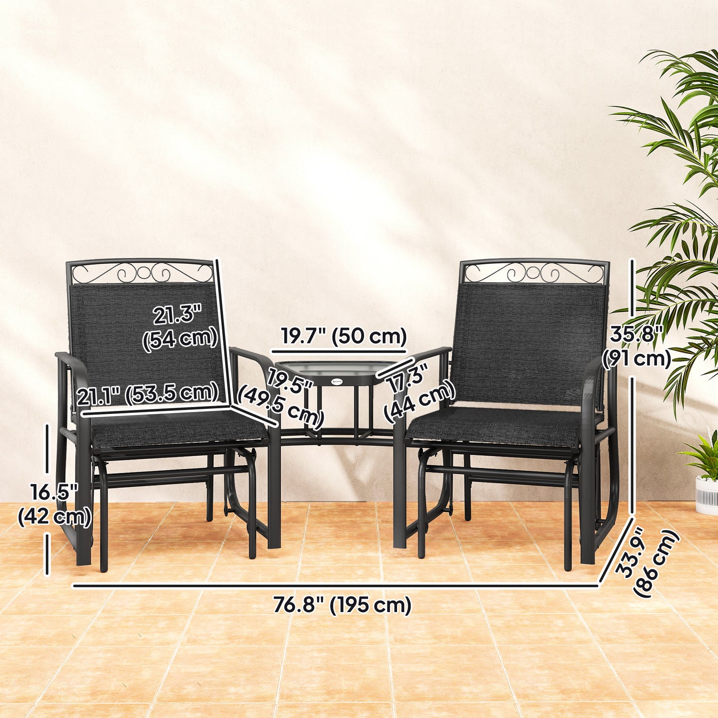 Outdoor Glider Bench with Coffee Table, Patio 2-Seat Rocking Chair Swing Loveseat with Breathable Sling for Backyard Gar