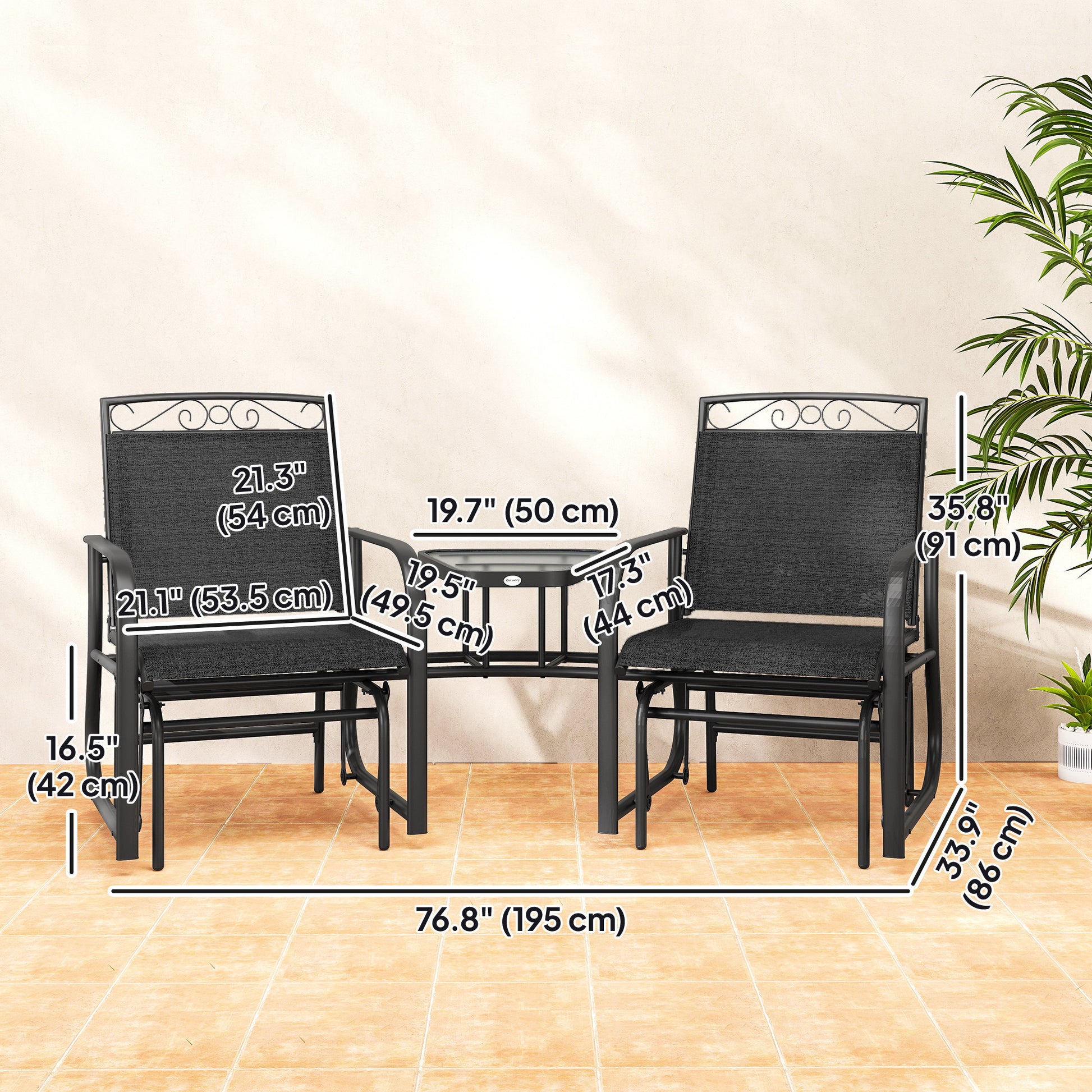 Outdoor Glider Bench with Coffee Table, Patio 2-Seat Rocking Chair Swing Loveseat with Breathable Sling for Backyard Gar