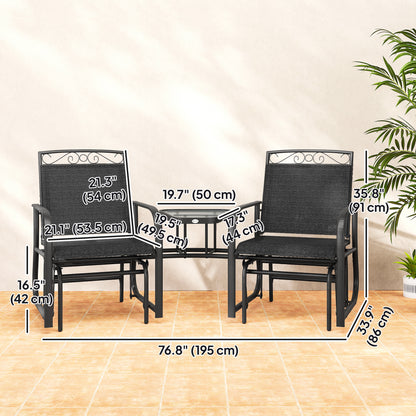 Outdoor Glider Bench with Coffee Table, Patio 2-Seat Rocking Chair Swing Loveseat with Breathable Sling for Backyard Gar