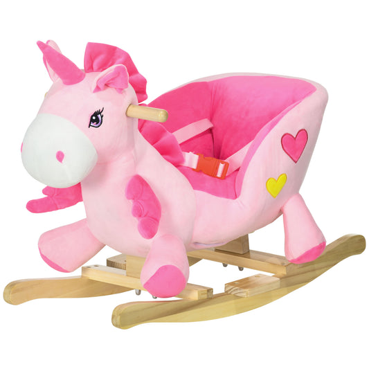 Qaba Baby Rocking Horse, Plush Animal Rocker for Toddlers Aged 18-36 Months, Stuffed Ride Toy with Sounds, Seat Belt, Pi