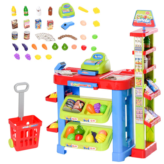 Qaba Kids Supermarket Playset with Cash Register – 50-Piece Grocery Store Pretend Play Toy with Checkout Counter for Boy