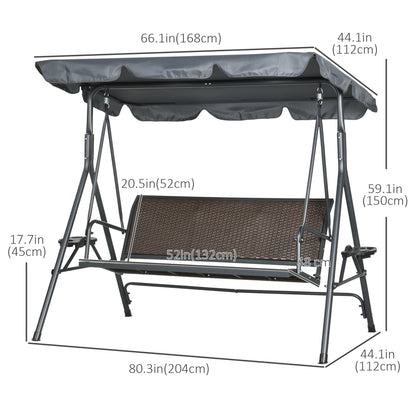 3-Seat Patio Swing Chair, Outdoor Canopy Swing Glider with Adjustable Shade, Rattan Seat and Steel Frame, for Porch, Gar