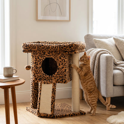 Cat Tree, Small Cat Tower with Perch, Scratching Post, Cat Condo, Toy Ball for Kitty, Leopard Print