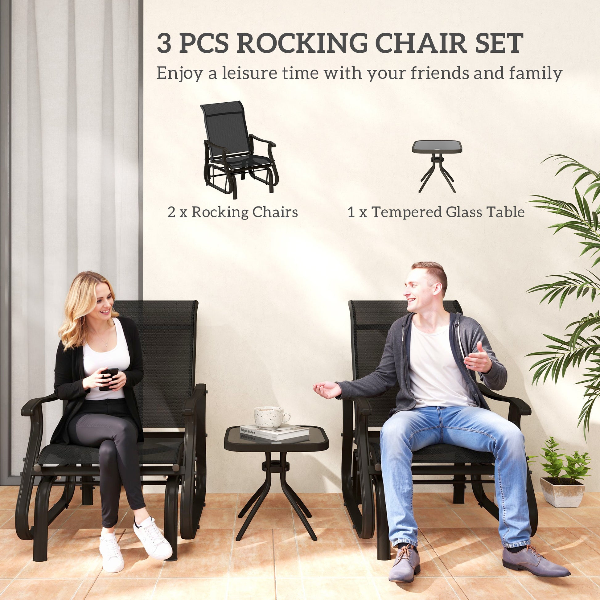 3PCs Gliding Rocking Chair & Bistro Tea Table Set, Black