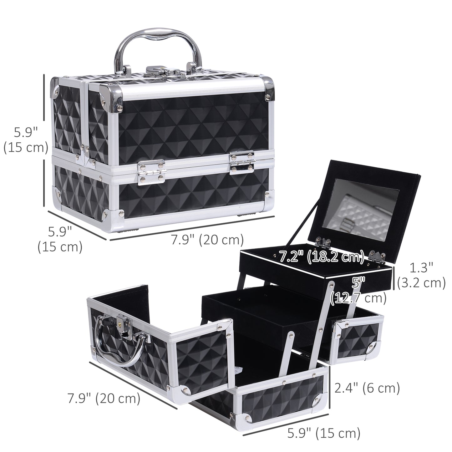 3 Tier Diamond Texture Makeup Train Case Cosmetic Organizer with Mirror, Black
