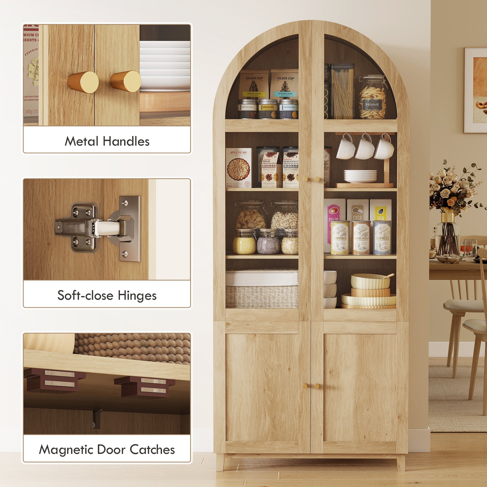 Arched Kitchen Pantry Cabinet, 71" Tall Farmhouse Kitchen Storage Cabinet with Acrylic Glass Doors, Oak
