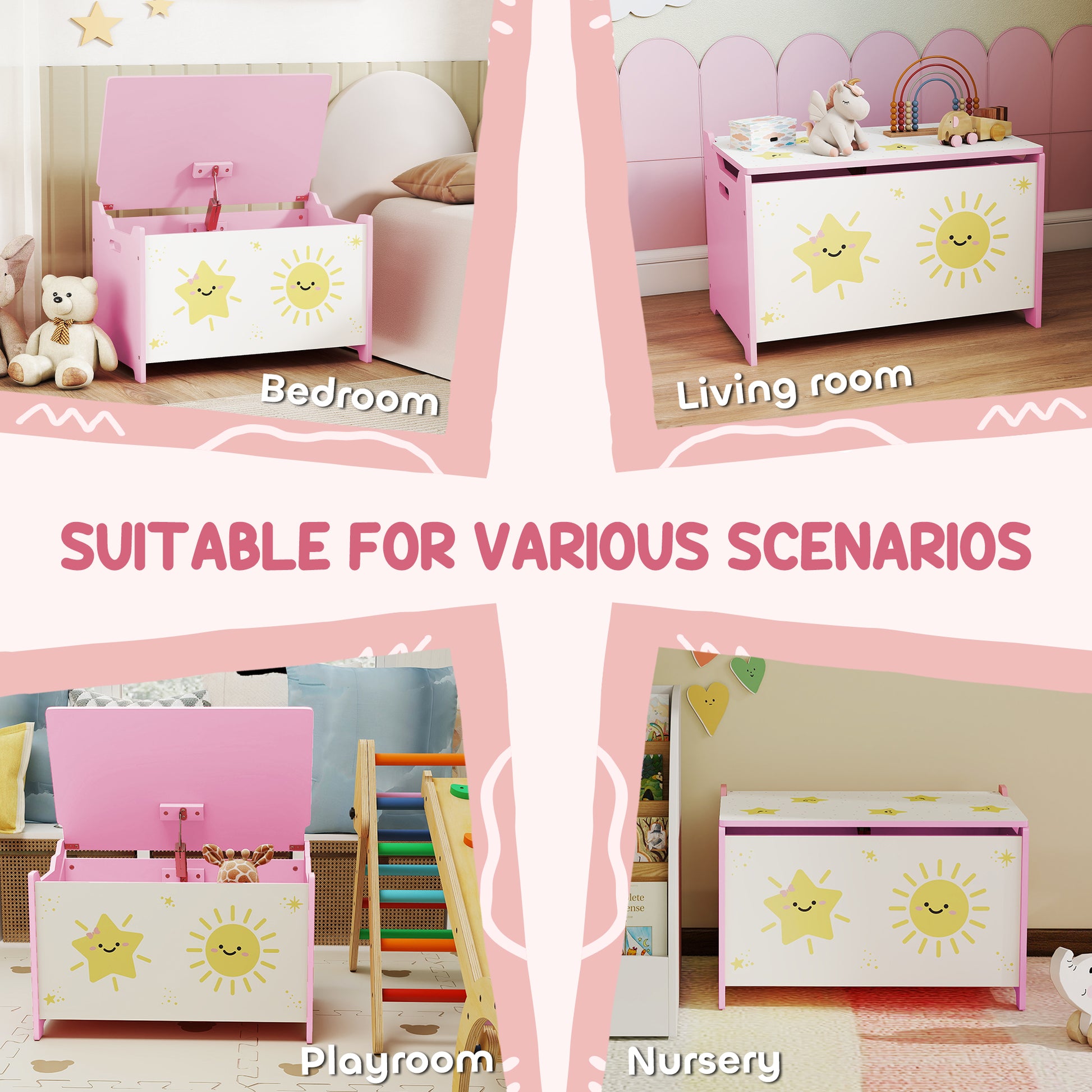 Qaba Toy Chest, Kids Storage Chest with Lid, Safety Hinges and Groove Handles for Boys, Girls, Pink