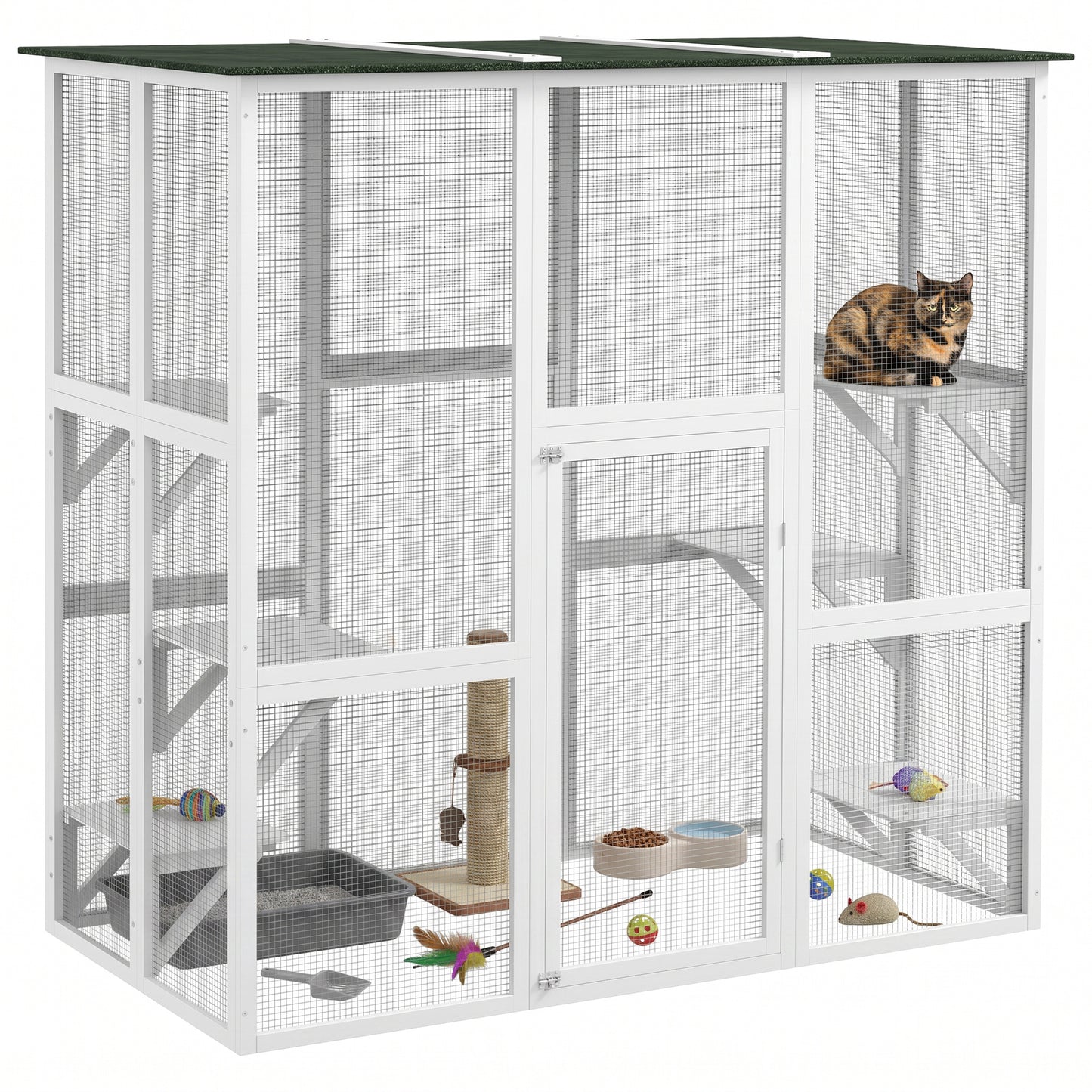 Large Outdoor Catio Enclosure, Wooden Cat Patio with 6 Balanced Platforms and Asphalt Roof, 70.9" x 38.6" x 70.9", White