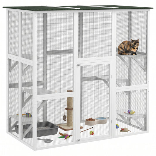 Large Outdoor Catio Enclosure, Wooden Cat Patio with 6 Balanced Platforms and Asphalt Roof, 70.9" x 38.6" x 70.9", White