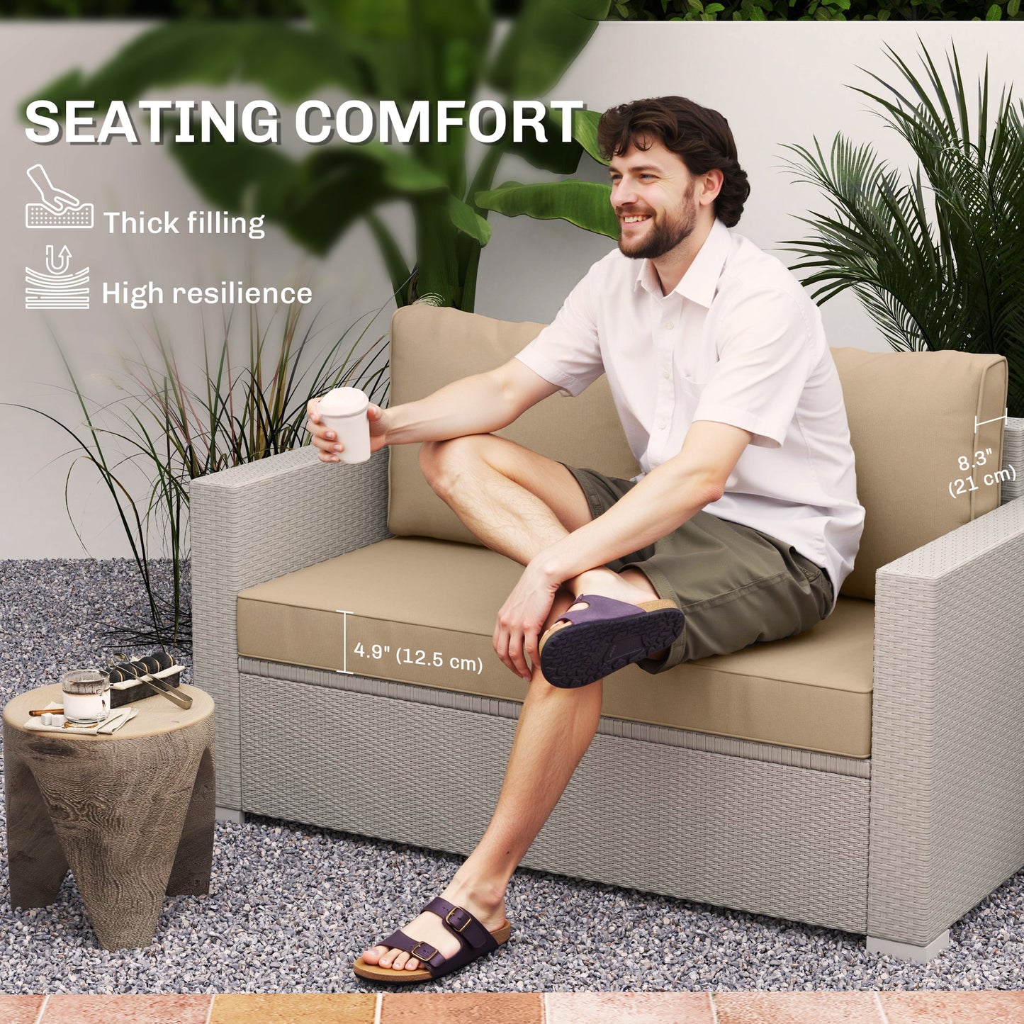 Outdoor Seat Cushions with Backrest, Loveseat Double Sofa Outdoor Furniture Cushions, Beige