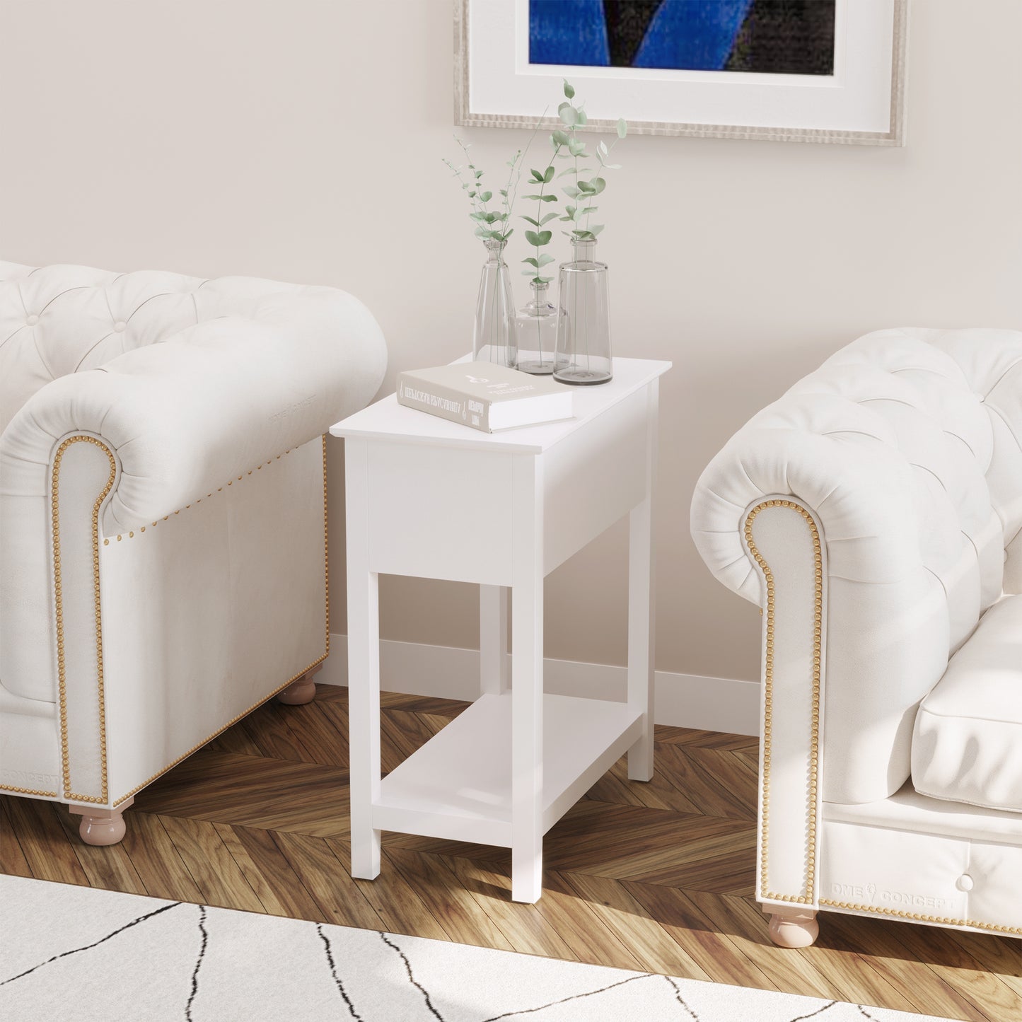 Flip Top End Table, Side Table with Storage Shelf and Cable Management, Narrow Nightstand for Living Room, Bedroom, Whit
