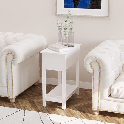 Flip Top End Table, Side Table with Storage Shelf and Cable Management, Narrow Nightstand for Living Room, Bedroom, Whit