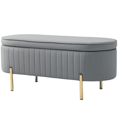 Upholstered Bedroom Bench, Channel Tufted Ottoman Bench with Thick Padding and Metal Legs, Grey