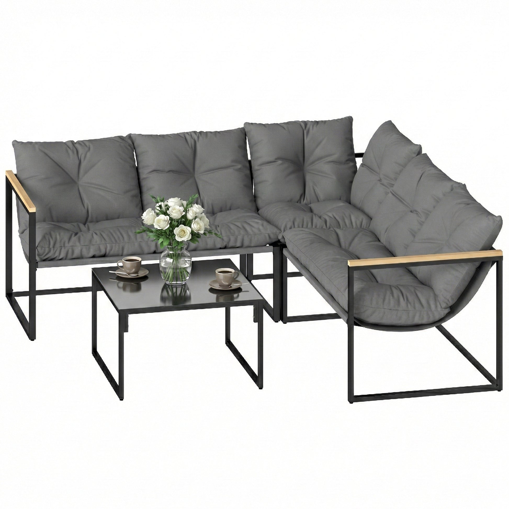4 Piece Patio Furniture Set with Thick Cushions and Coffee Table, Patio Conversation Set for Porch, Balcony, Deck, Grey
