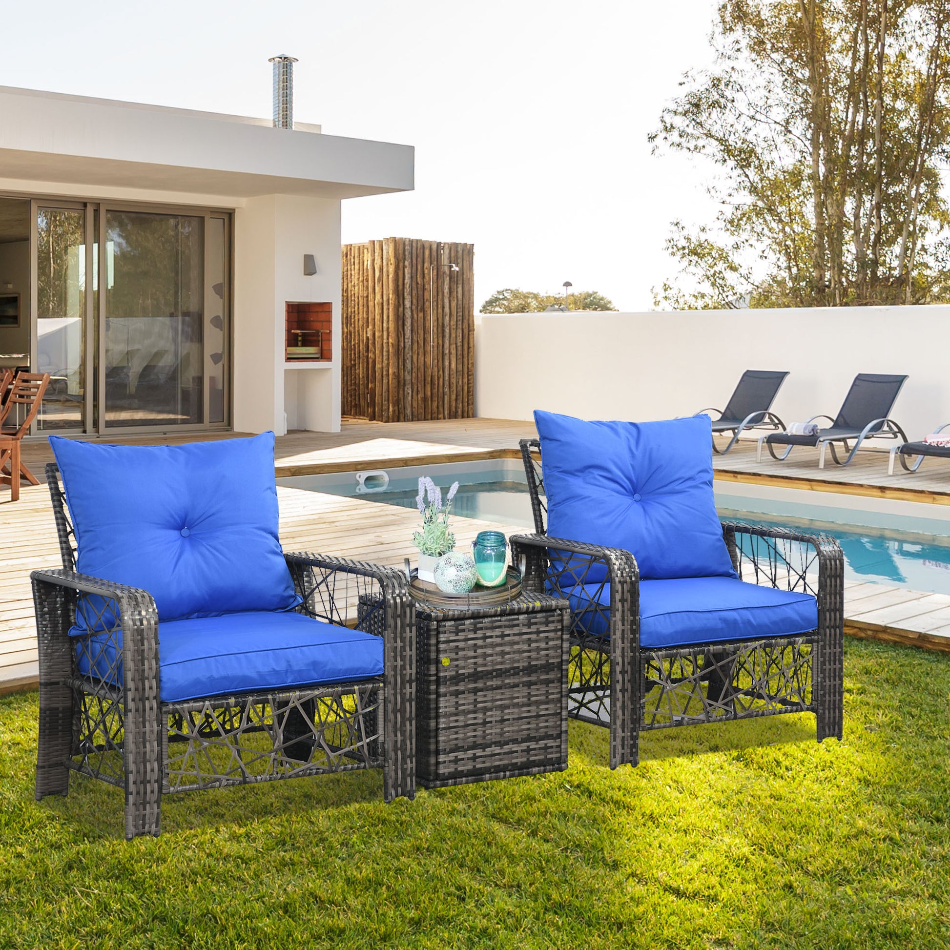 3 Pieces Wicker Patio Furniture Set, Rattan Bistro Set with Storage Coffee Table and Thickened Cushions, Outdoor Convers