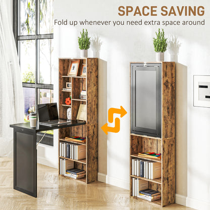 Fold-out Convertible Office Desk, Wall Mount Computer Desk with Blackboard and Side Shelf, Rustic Brown