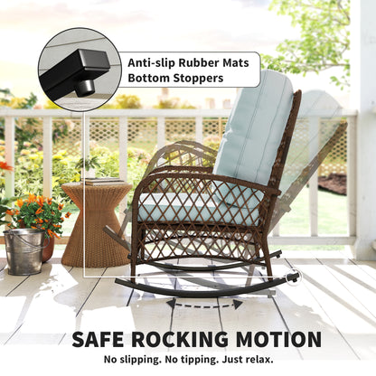 Outdoor Wicker Rattan Rocking Chair Patio Rocker with Thick Cushions for Garden Backyard Porch, Light Green
