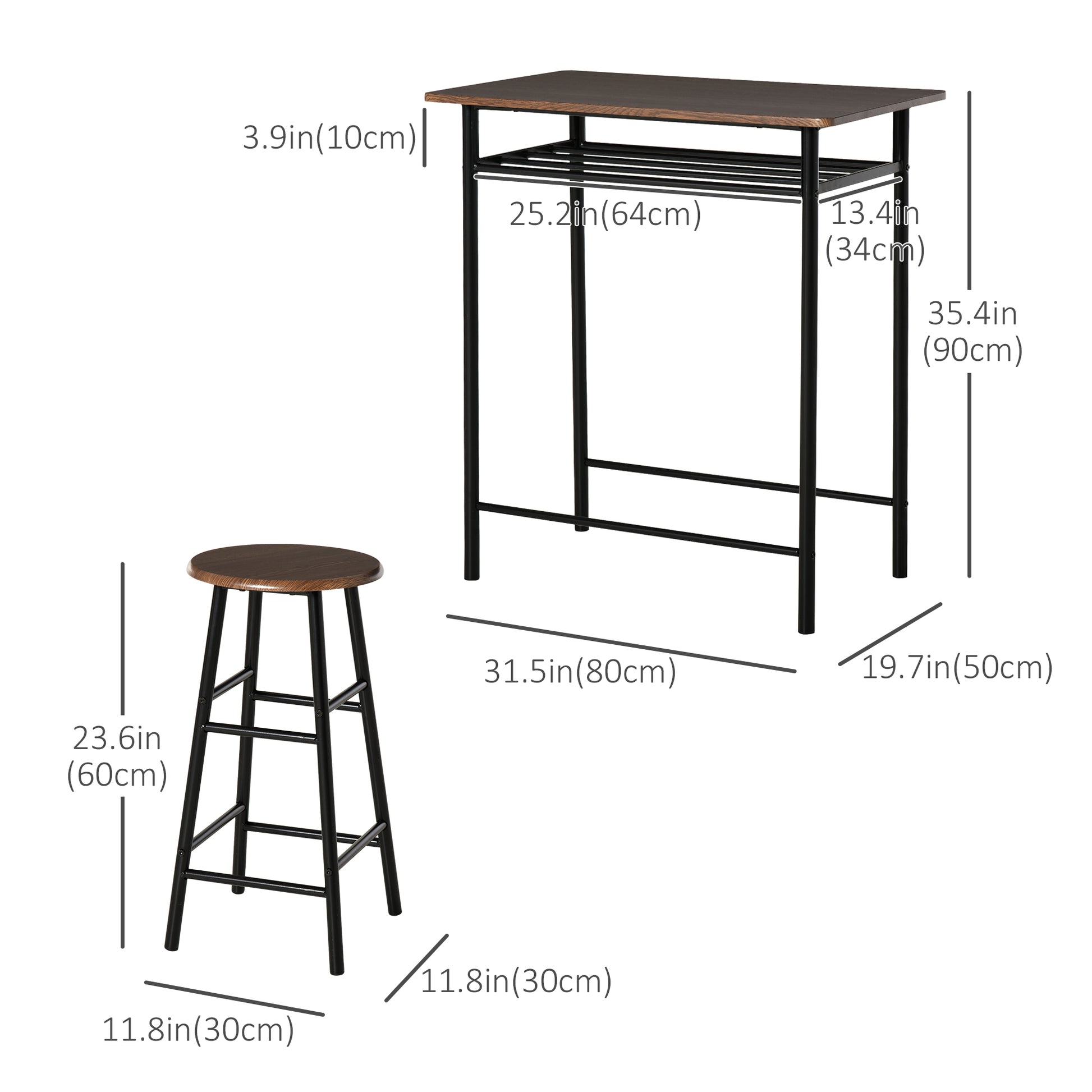 3 Piece Counter Height Bar Table Set with 1 Table, 2 Matching Stools, Dining Table Set with Storage Shelf and Metal Fram