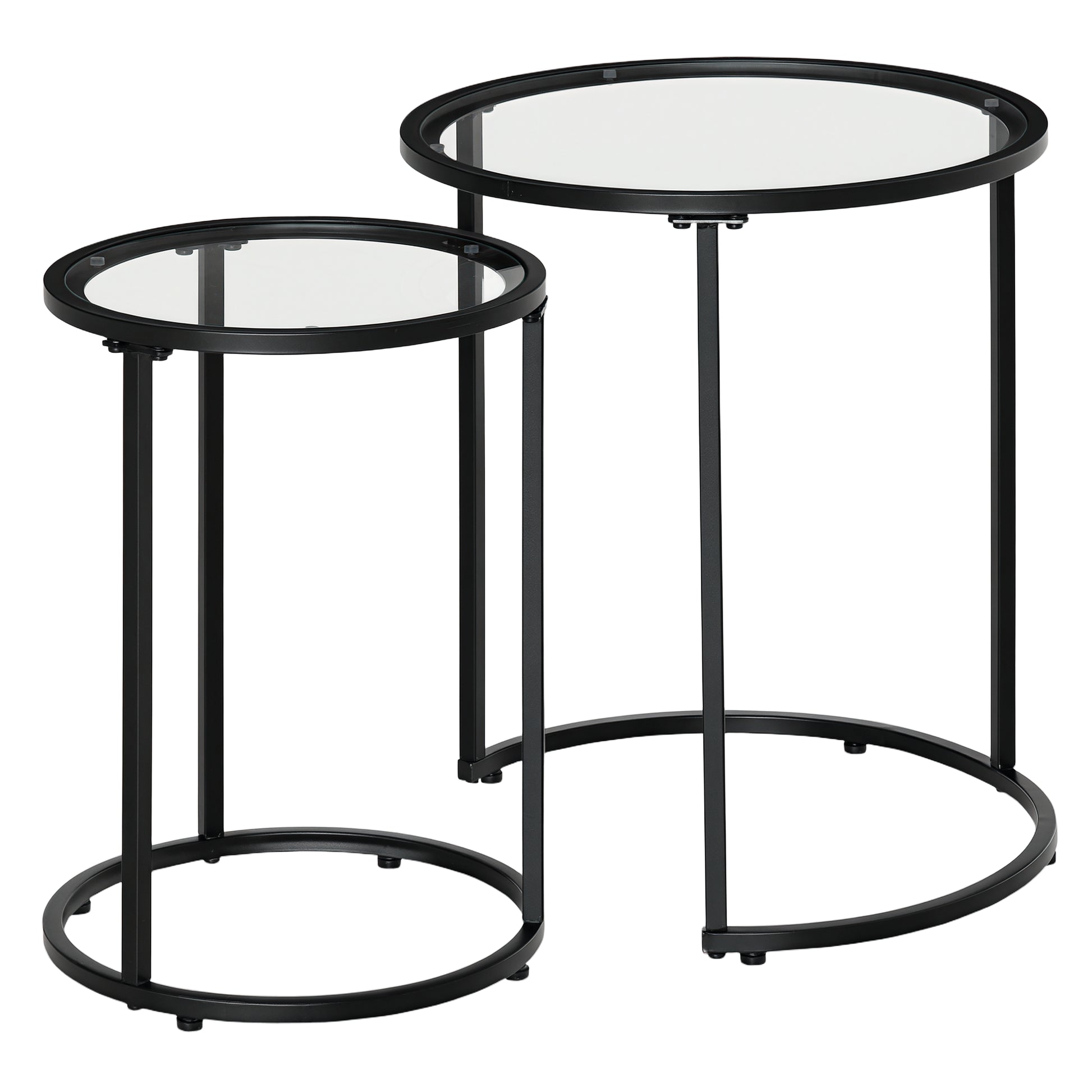 Set of 2 Nesting Coffee Tables with Metal Base, Round Side Table with Tempered Glass Tabletop for Living Room, Bedroom, 