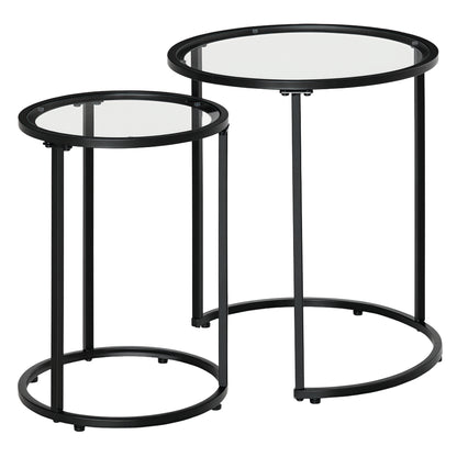 Set of 2 Nesting Coffee Tables with Metal Base, Round Side Table with Tempered Glass Tabletop for Living Room, Bedroom, 