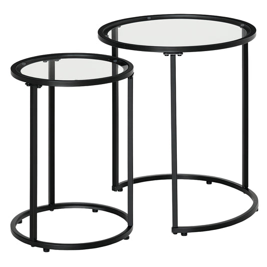 Set of 2 Nesting Coffee Tables with Metal Base, Round Side Table with Tempered Glass Tabletop for Living Room, Bedroom, 
