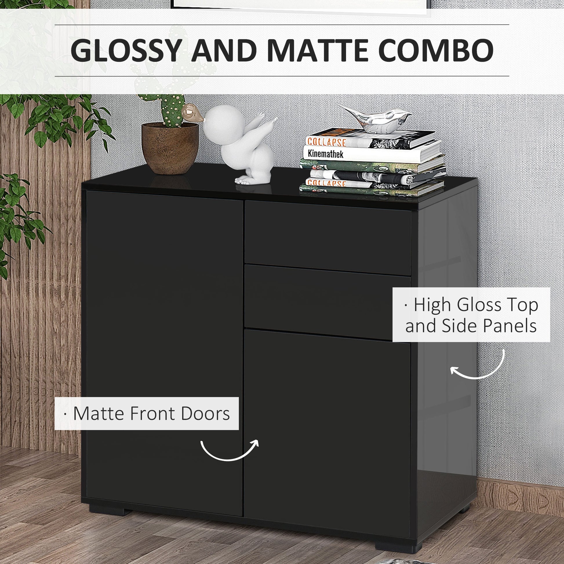 High Gloss Buffet Sideboard with 2 Drawers, 2 Doors and Adjustable Shelf, Kitchen Storage Cabinet with Push Open Design,