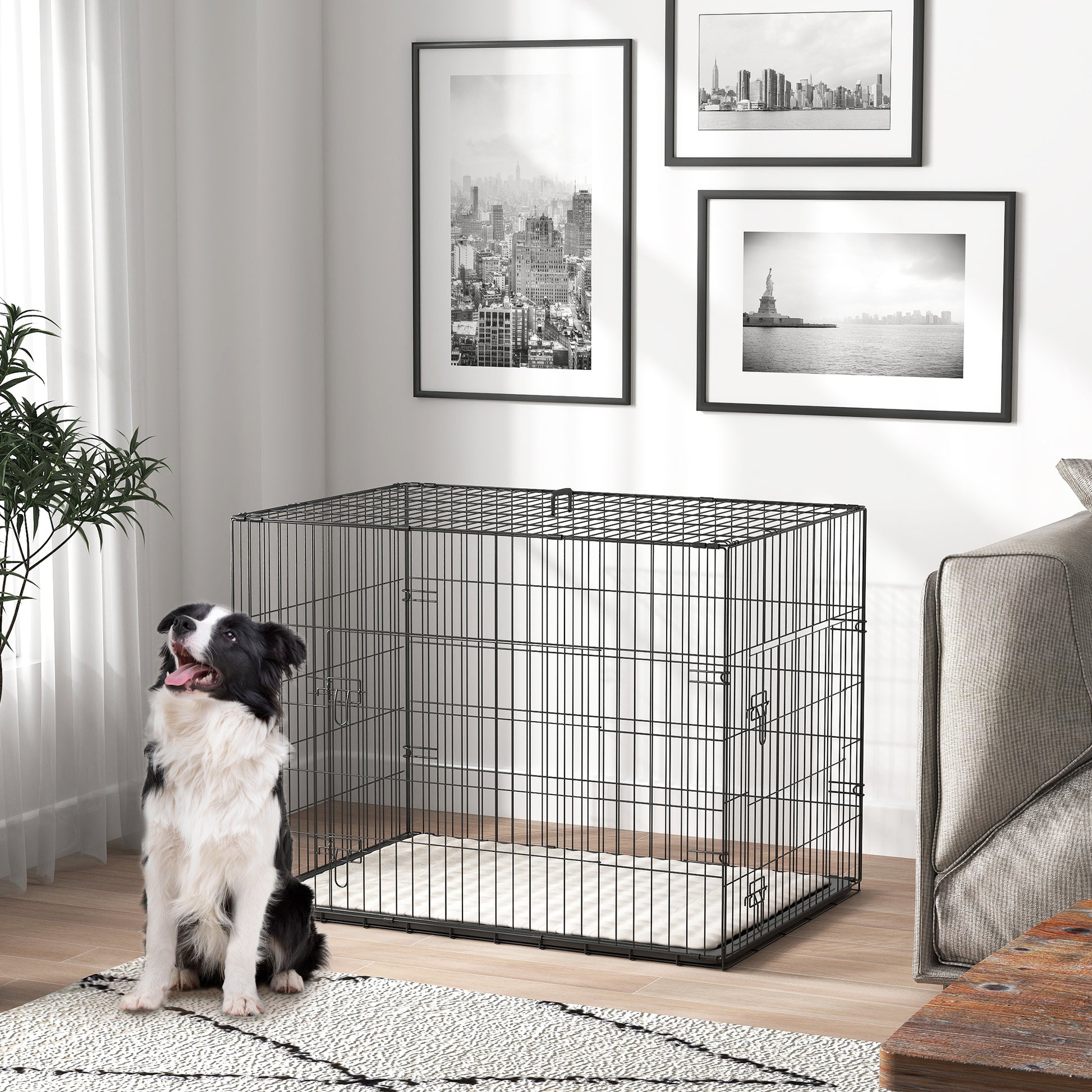 35" Dog Crate with 2 Doors, Folding Metal Dog Cage with Soft Cushion, Removable Tray, Handle, Black