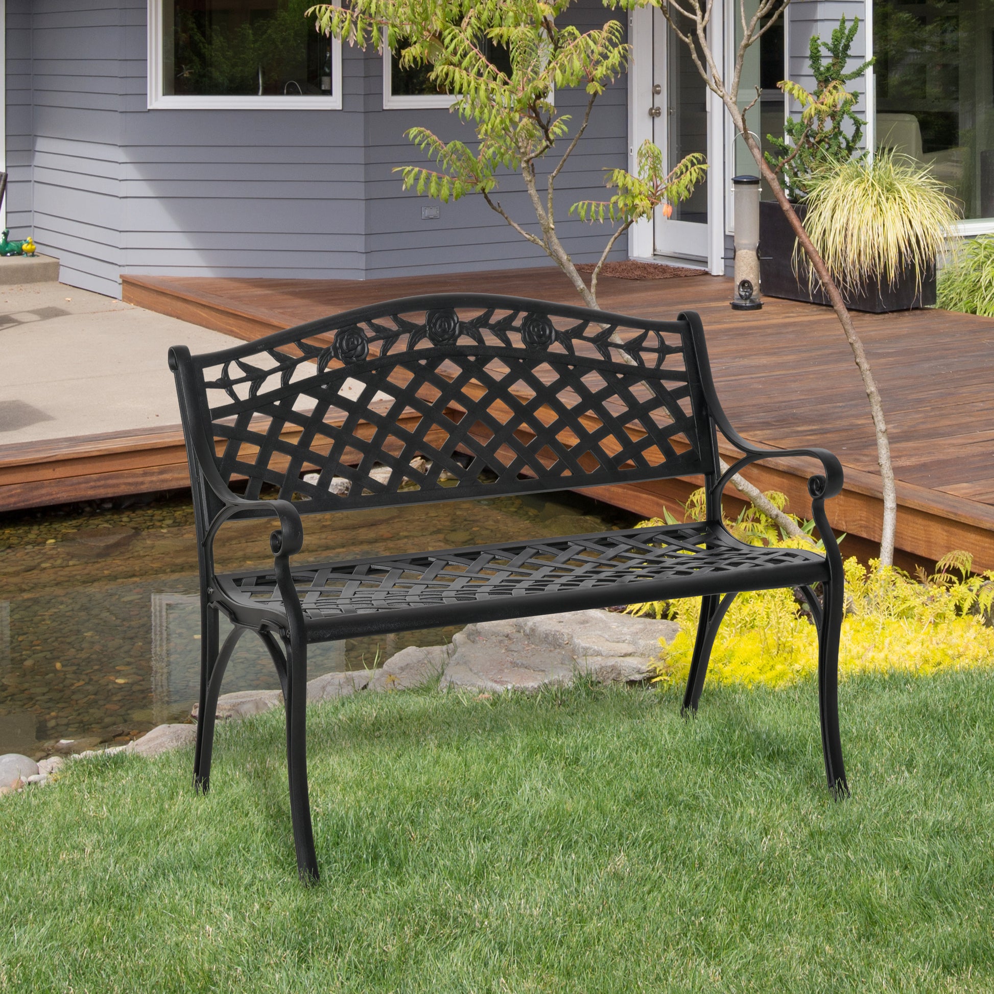 Outdoor Garden Bench, 40" Patio Bench with Aluminum Frame and Armrests, 2-Person Patio Loveseat with Floral Pattern for 