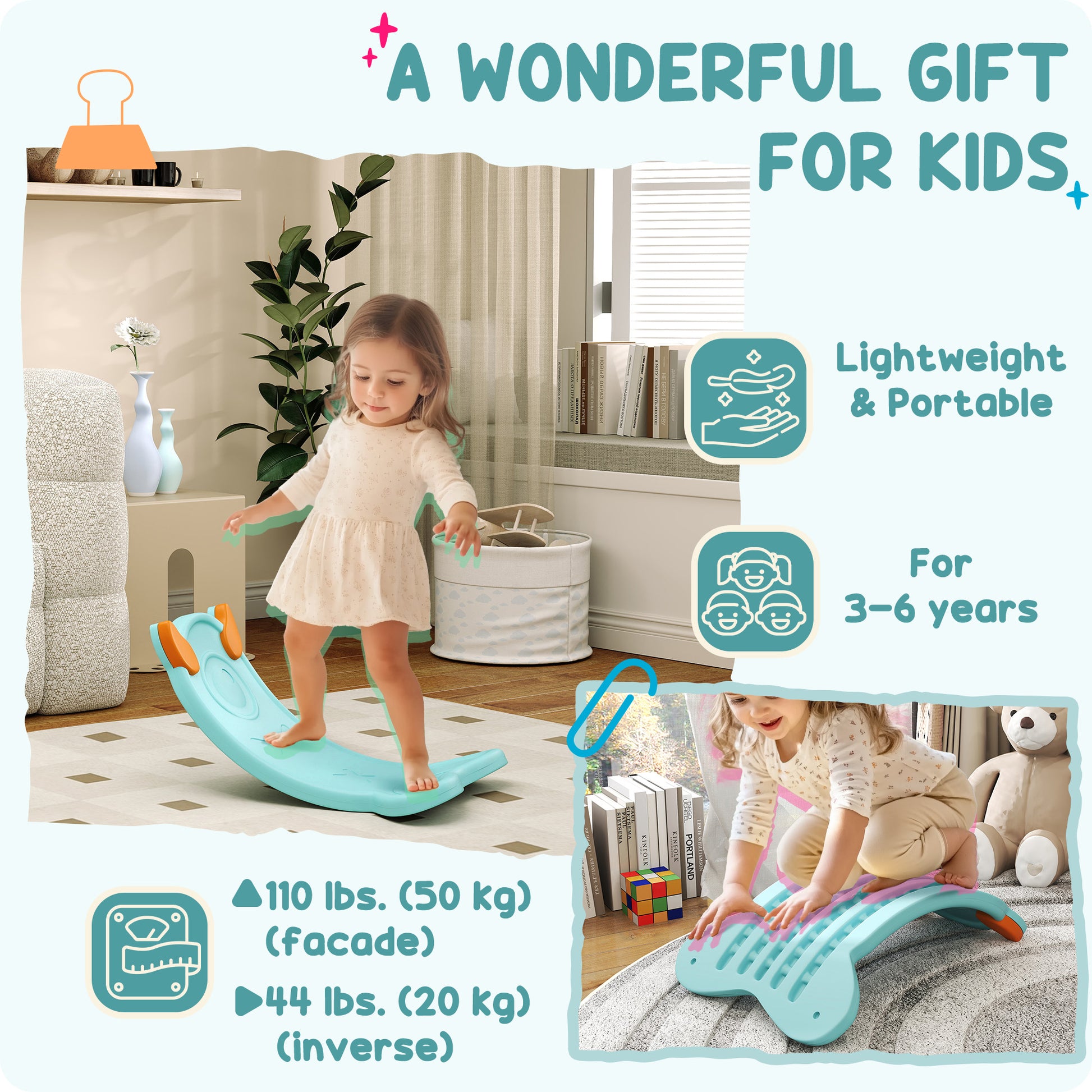 Qaba 24.4" Kids Balance Board, Wobble Board Toddler Curved Rocker, Preschool Balance & Sensory Play Toy, Ages 3-6 Light 