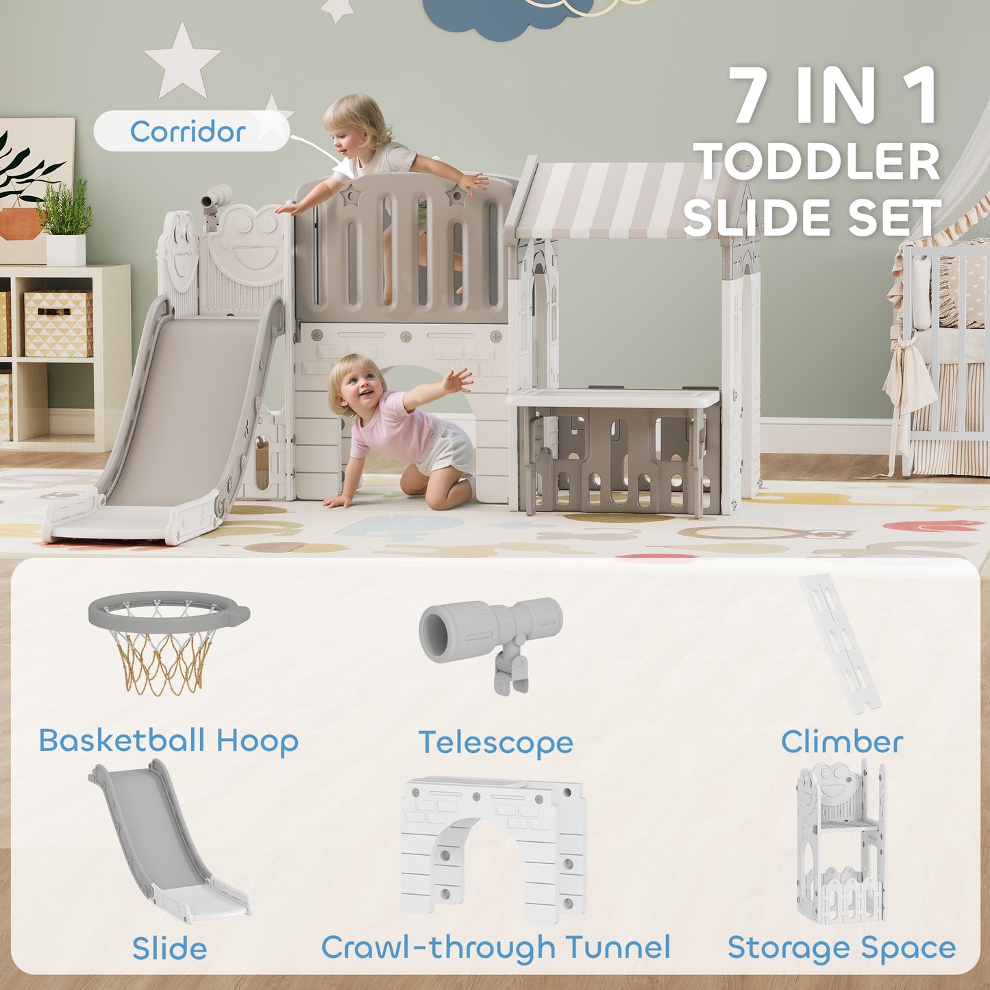 Qaba 7-in-1 Toddler Slide, Kids Slide Climber Playset with Playhouse and Basketball Hoop for 1-4 Years, Grey