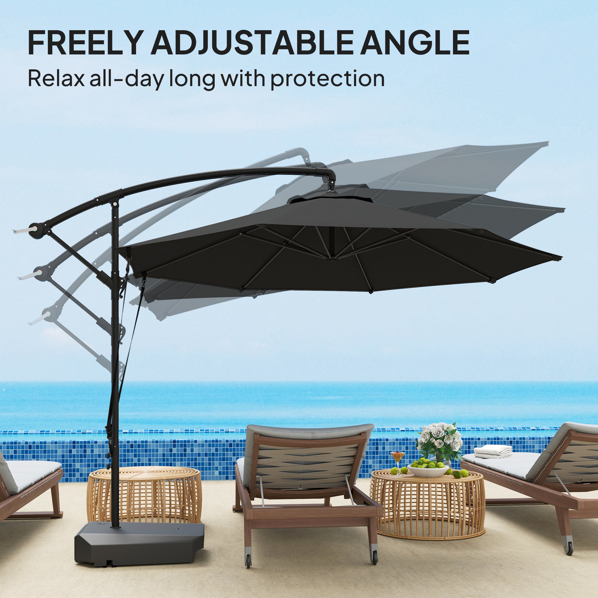 10FT Cantilever Umbrella with Fillable Base, Wind Strap and Cover, Offset Hanging Umbrella with Crank, UPF50+, Grey