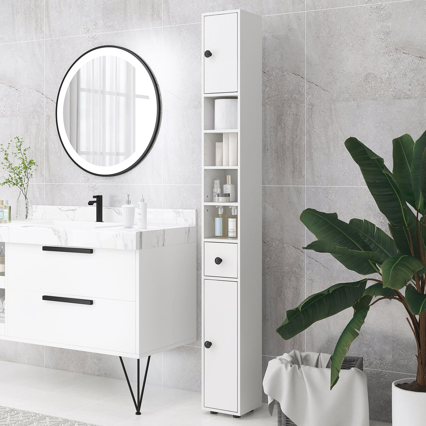 71" Tall Bathroom Storage Cabinet, Narrow Bathroom Cabinet with Open Shelves, 2 Door Cabinets, Adjustable Shelves, for K