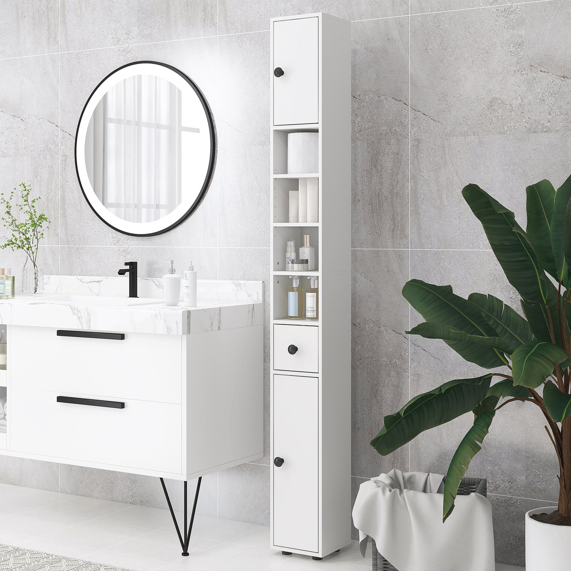 71" Tall Bathroom Storage Cabinet, Narrow Bathroom Cabinet with Open Shelves, 2 Door Cabinets, Adjustable Shelves, for K