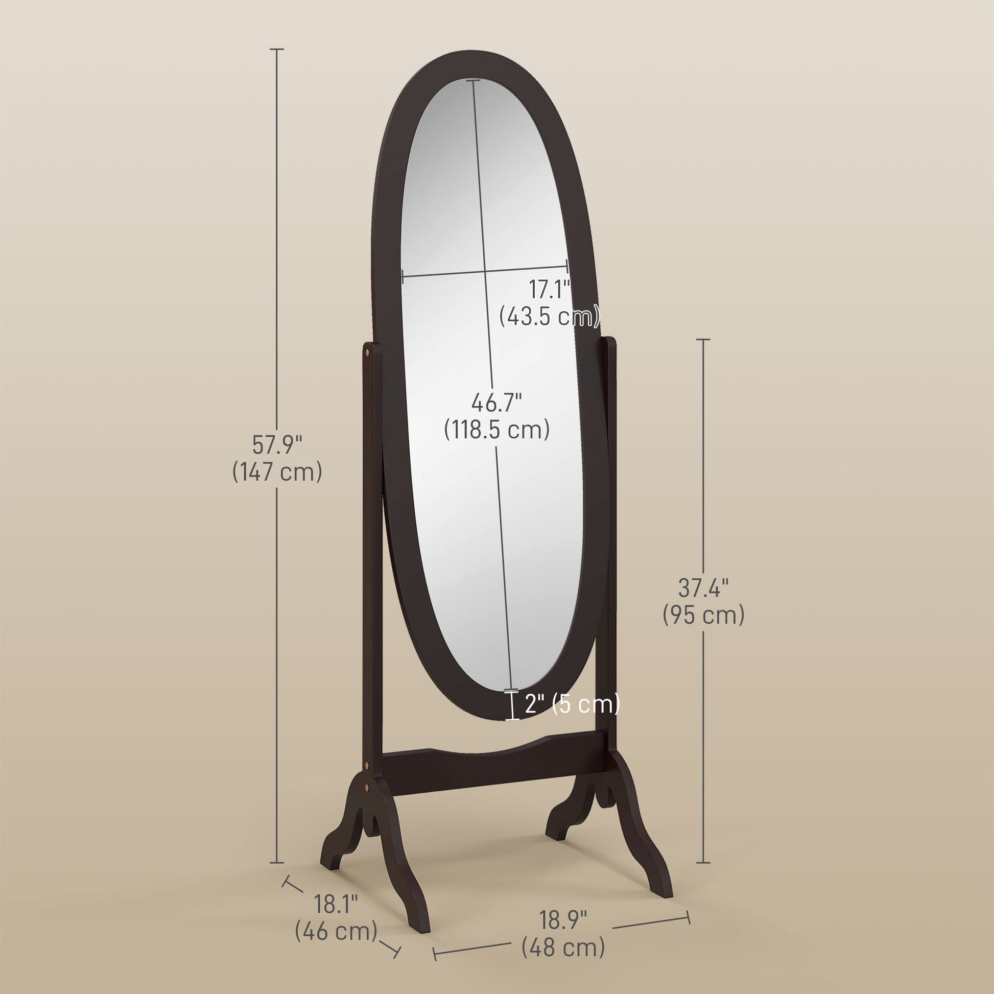 Floor Standing Mirror Full Length Mirror with Adjustable Angle Oval Frame for Dressing Room Bedroom Living Room Coffee
