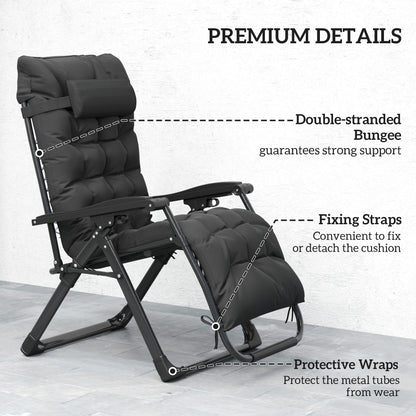 Folding Garden Chair, Reclining Zero Gravity Chair, Sun Lounger with Cushion and Headrest, Black