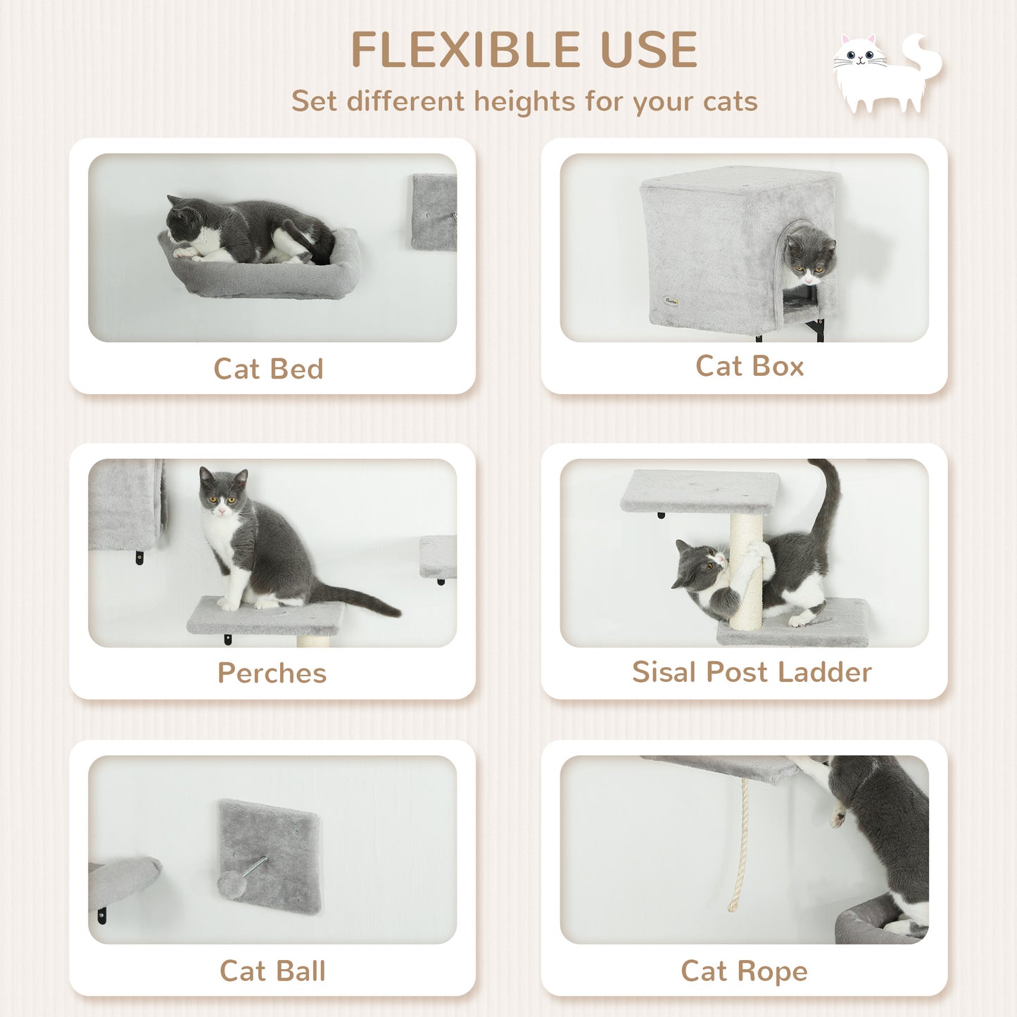 Cat Wall Shelves Set of 7, Shelves and Perches with House, Sisal Post Ladder, Bed & Ball, Grey