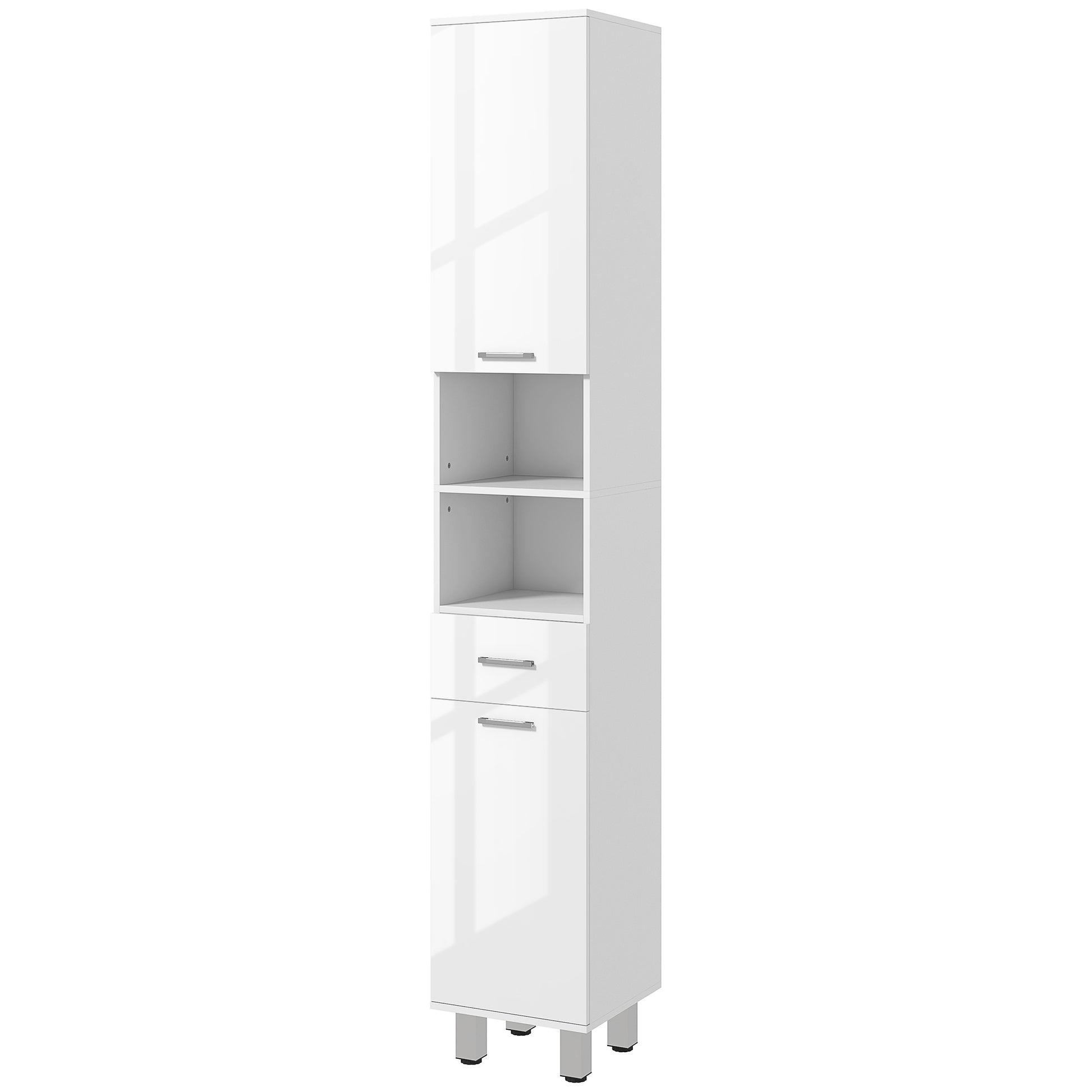 71" Tall Bathroom Storage Cabinet, Narrow Linen Tower with Drawer, Open Shelves, 2 Doors Cabinets and Adjustable Shelves